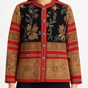 Vintage Sag Harbor Tan Tapestry Button Up Jacket Red Navy Floral Boho 14